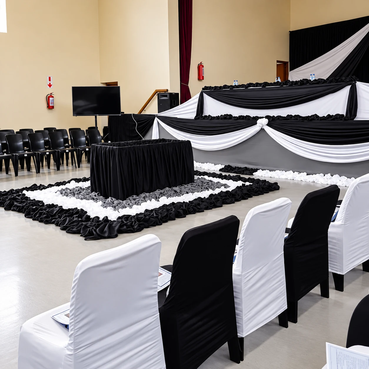 Black and white funeral hall