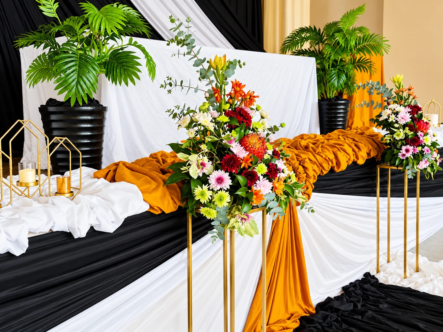 Elegant funeral stage with floral arrangement